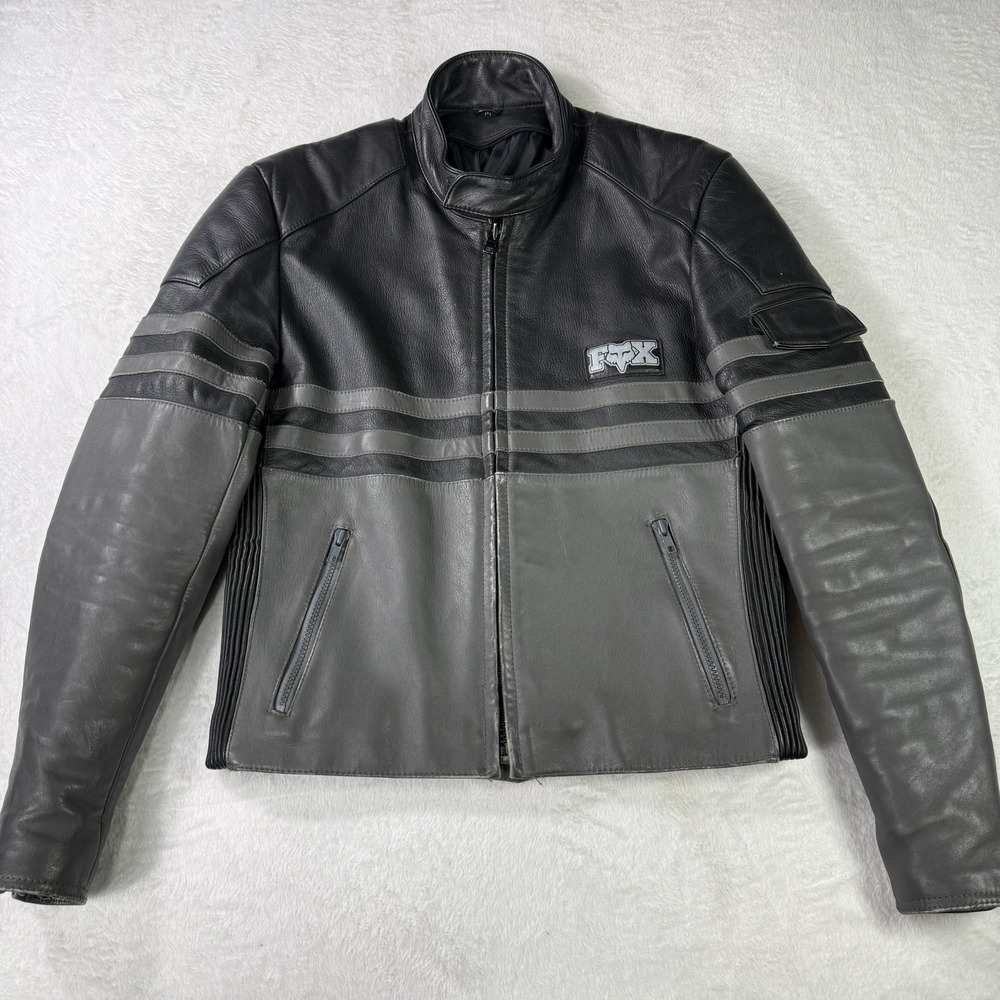 Vintage Fox Racing Leather Jacket Men's M Gray Motocross Moto Full Zip Pads Y2K